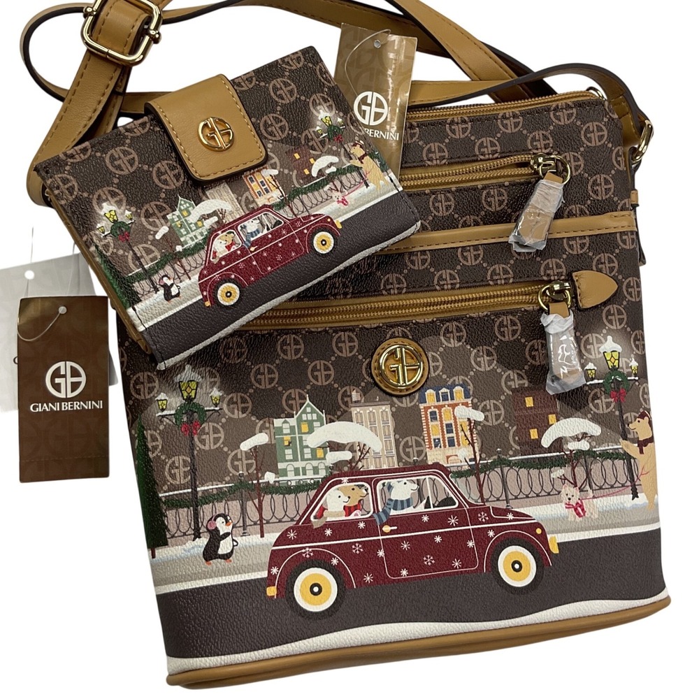 Giani Bernini Winter Bear Print Crossbody Bag and Wallet Set Brown Saffiano NWT